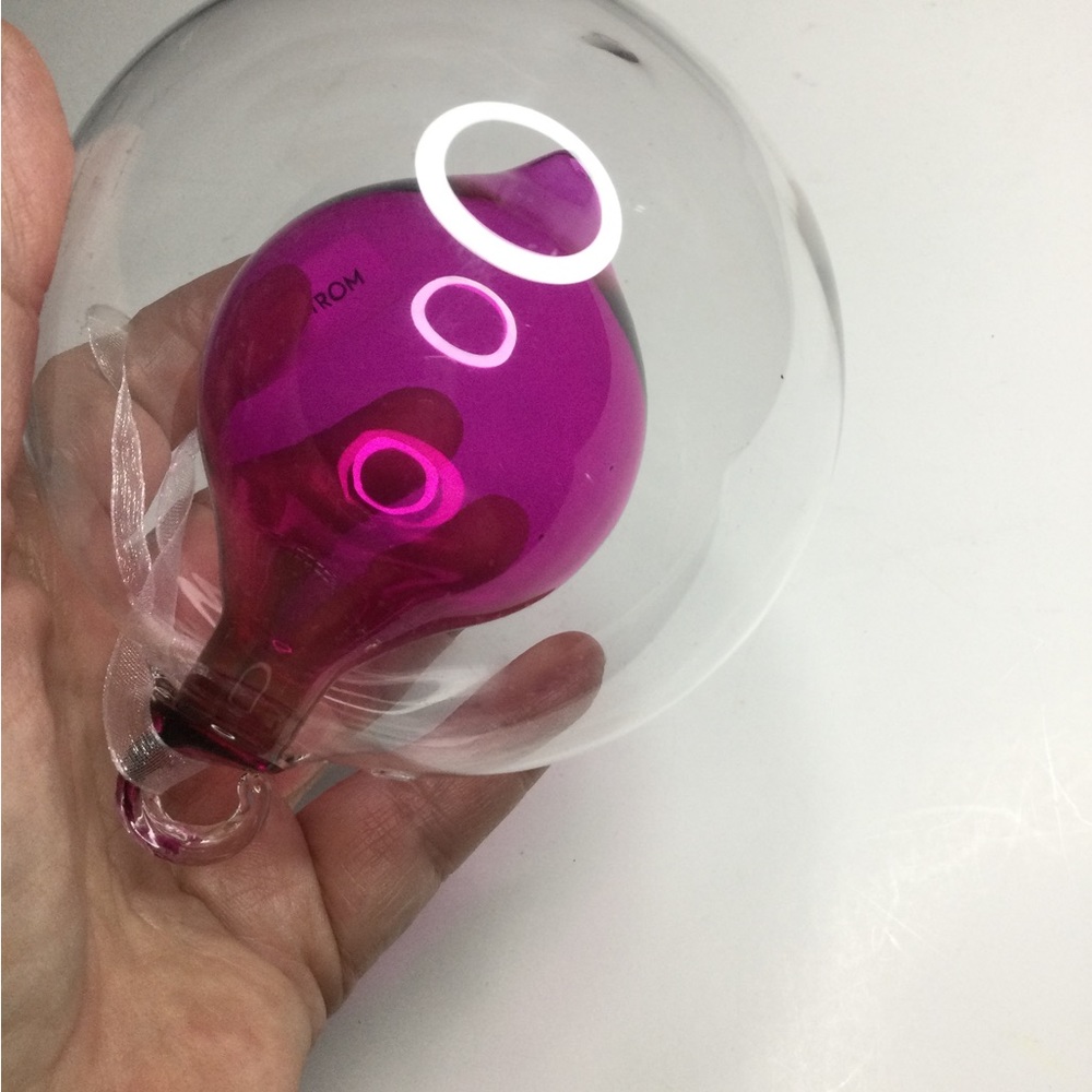 NORDSTROM GLASS CHRISTMAS ORNAMENT HOT PINK INSIDE CLEAR GLASS  BEAUTIFUL NWOT